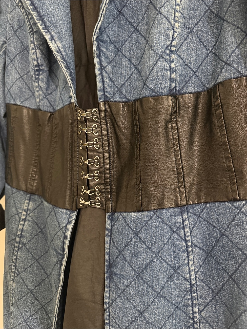 VENUS Blue Quilted Denim Trench Coat with Corset Black Waist Panel - Picture 2 of 8